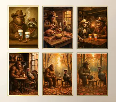 Bigfoot, Turkey & Raccoon light one up and pop a brew print, Vintage Animal Poster, Funky Western Wall Art, Cabin Cave Decor,...