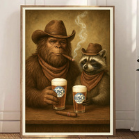 Bigfoot & Raccoon light one up and pop a brew print, Vintage Animal Poster, Funky Western Wall Art, Cabin CaveDecor, Gift for...