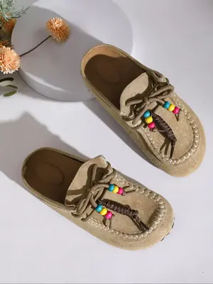 2025 New Women's Round-Toe Cork suede Clog Mules –Boho Beaded Suede Tassel Mules – Women’s Vintage Slip-On Clogs with A...