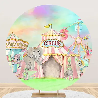 Colorful Circus Tent Animals Round Party Backdrop - Aperturee