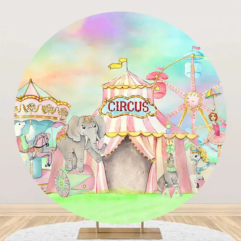 Colorful Circus Tent Animals Round Party Backdrop - Aperturee