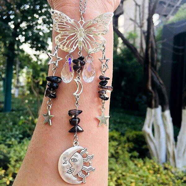 Natural Smoky Quartz Butterfly Hanging Suncatcher Pendant Decoration