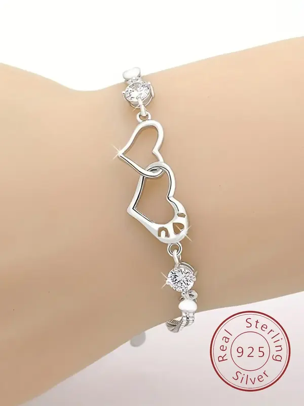 S925 Sterling Silver Cute Heart Design Bracelet, Fashionable Jewelry for Women & Girls, Trendy All-match & Exquisite Jewelry ...