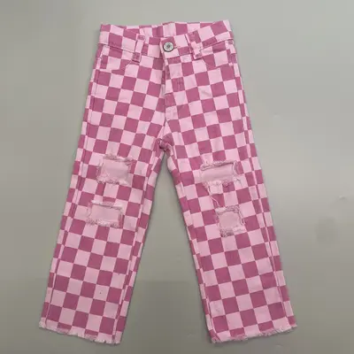 Toddler Girl Jeans Pink Plaid Winter Jeans Loose Pant Valentines Day Clothing