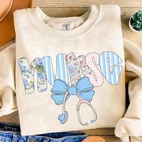 Preppy Nurse Floral Coquette Sweatshirt, Nurse Blue Floral Graphic, Everyday, Stethoscope Bow, Custom Preppy Nurse Design Shi...