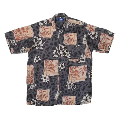 GARRY Mens Hawaiian Shirt Grey Silk Floral M