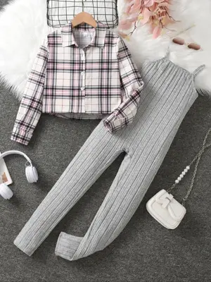 Two-Piece Set Girl's Plaid Print Button Front Shirt & Plain Cami Jumpsuit Set, Casual Long Sleeve Collared Top & Sleeveless J...