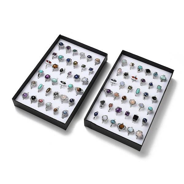 36Pcs Natural & Synthetic Mixed Gemstone Open Cuff Ring Set