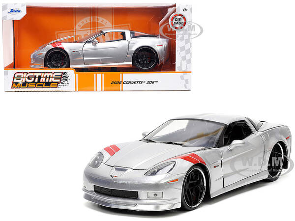 2006 Chevrolet Corvette Z06 Silver Metallic with Red Stripes Bigtime Muscle Series 1/24 Diecast Model Car by Jada