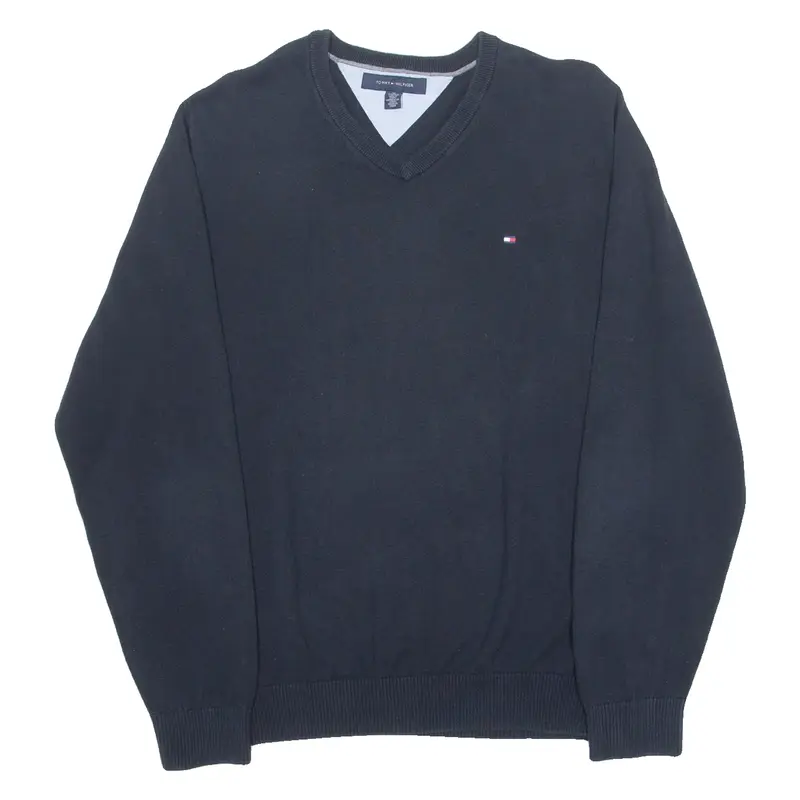 TOMMY HILFIGER Mens Jumper Blue V-Neck Tight Knit XL