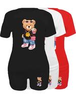 Women's Cartoon Bear Print Round Neck T-shirt & Skinny Shorts Set, Casual Fitted Short Sleeve Crew Neck Tee & Shorts for Dail...