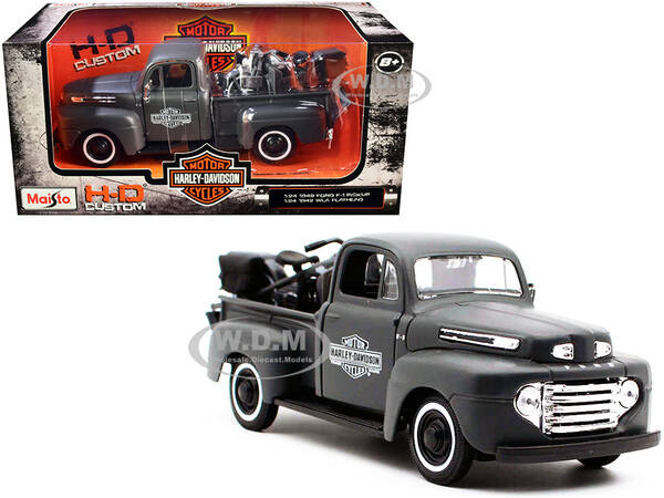1948 Ford F-1 Pickup Truck and 1942 Harley-Davidson WLA Flathead Motorcycle Matt Dark Gray \