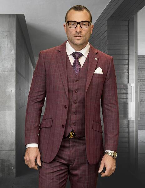 Mens 3 Piece 100% Wool Plaid Suit Classic Design Statement