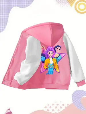 Girls' Kpop Hunter Series Hooded Jacket, Cute Letter Print Baseball Coat, Comfortable Casual College Style Outerwear for Spri...