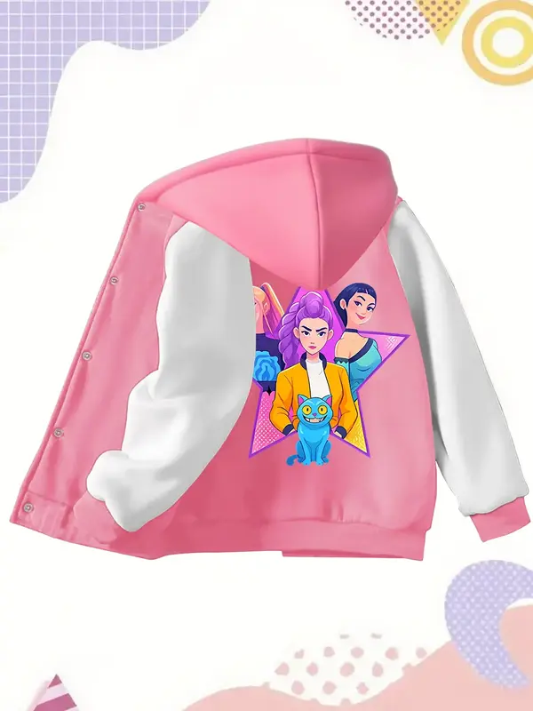 Girls' Kpop Hunter Series Hooded Jacket, Cute Letter Print Baseball Coat, Comfortable Casual College Style Outerwear for Spri...