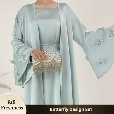 ăFallFreshnessăCL67 Aqua Blue Silky Gown with Embroidered Kimono,Dress Set,Luxe,Chic,eid dress,Fashionweek