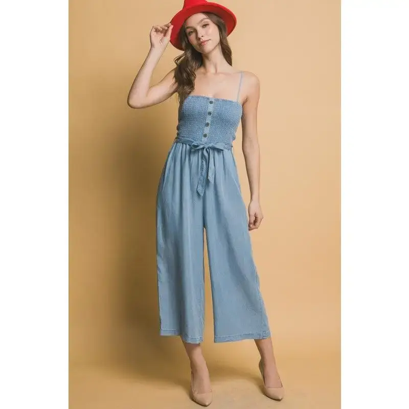 Smocked Wide Leg Cropped Jumpsuit