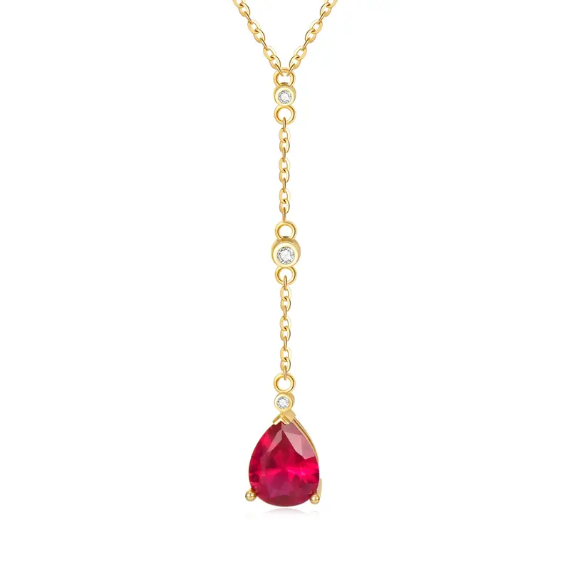 14K Gold Cubic Zirconia & Ruby Drop Shape Non-adjustable Y-Necklace