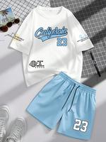 Two-Piece Set Men's Letter Graphic Short Sleeve Tee & Shorts, Regular Fit Casual Round Neck T-shirt & Track Shorts, Men's Sum...