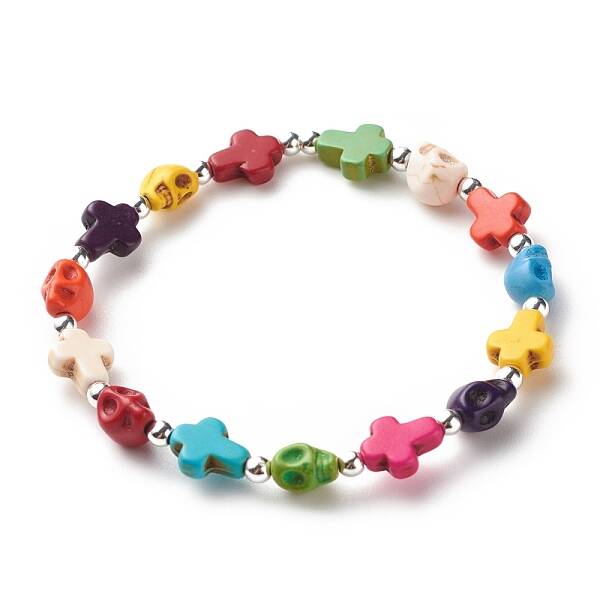 Synthetic Turquoise(Dyed) Cross & Skull Beaded Stretch Bracelet