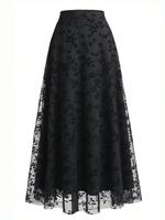 Women's Floral Embroidery Contrast Mesh A Line Skirt, Elegant High Waist Midi Skirt for Party Holiday Wedding Guest, Ladies B...
