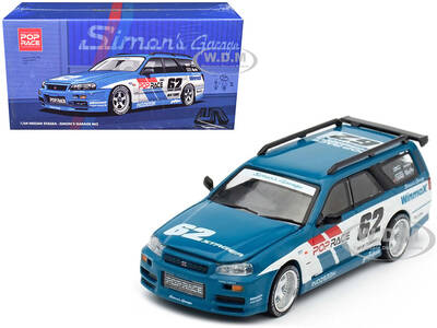 Nissan Stagea RHD (Right Hand Drive) #62 Simon's Garage Blue with White Sides 1/64 Diecast Model Car by Pop Race