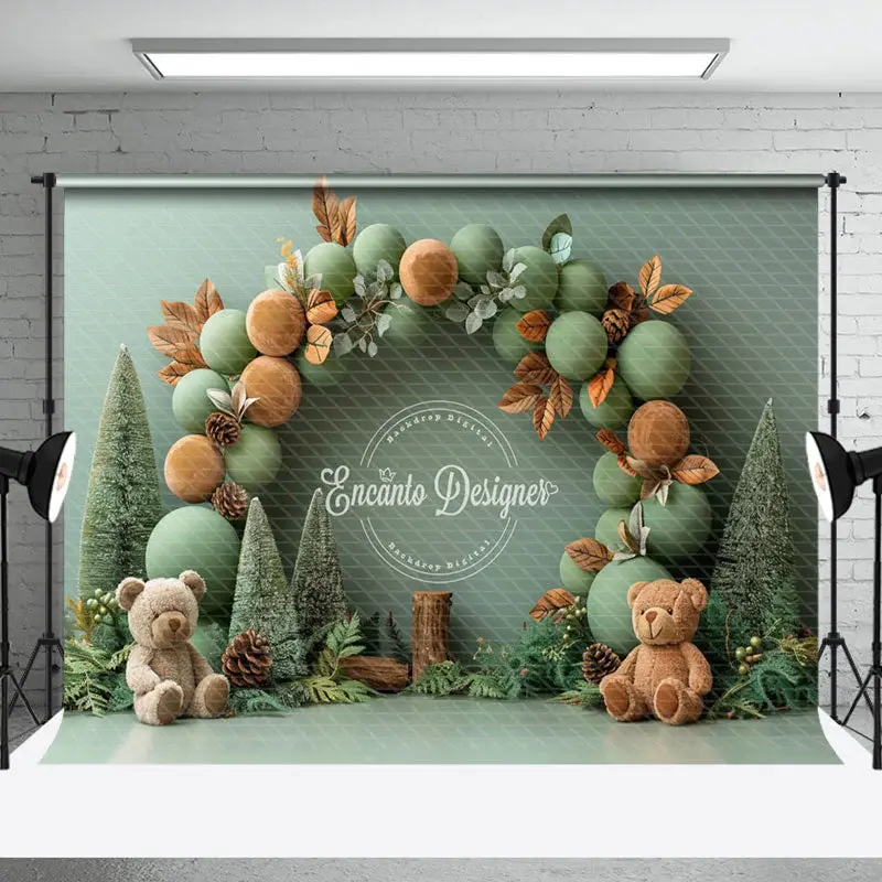Green Balloons Teddy Bear Leaves Cake Smash Backdrop
