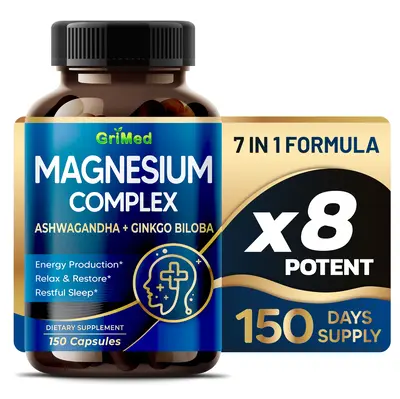 Magnesium Complex Supplement - x8 Power with Ashwagandha + Ginkgo Biloba - Relax & Restore, Restful Sleep - USA Made & Tested...