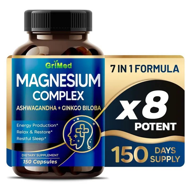 Magnesium Complex Supplement - x8 Power with Ashwagandha + Ginkgo Biloba - Relax & Restore, Restful Sleep - USA Made & Tested...