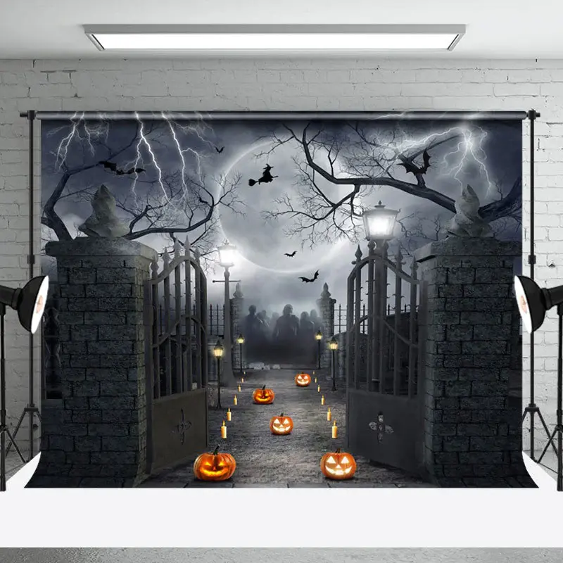 Aperturee Black Gray Night Lightning Witch Halloween Backdrop - Aperturee