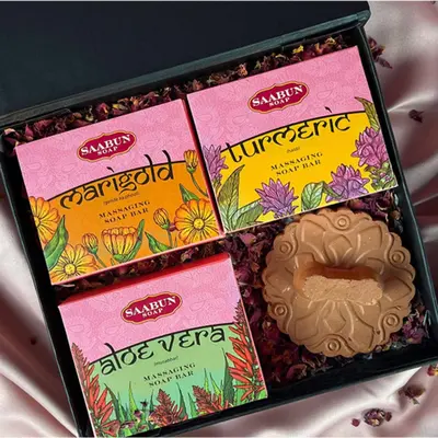 Massaging Deluxe Soap Bar Gift Set with 3 Soaps & Terracotta Exfoliator (Tikru)