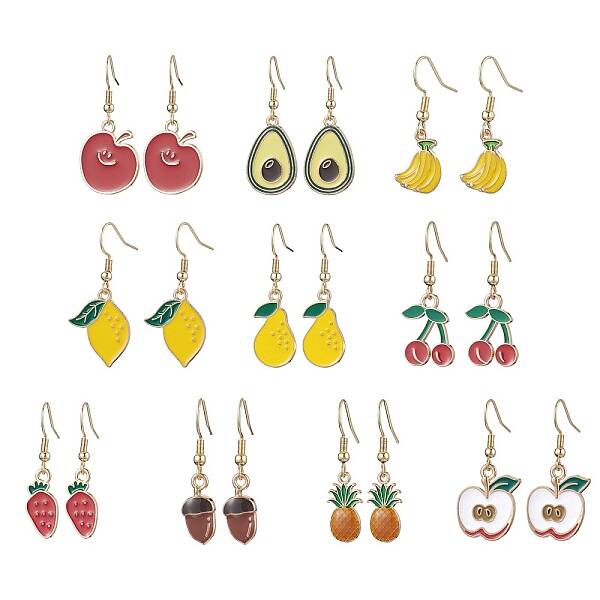 10 Pairs 10 Styles Fruit Alloy Enamel Dangle Earrings for Women