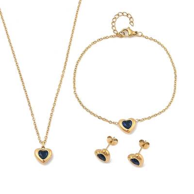 Heart 304 Stainless Steel Micro Pave Cubic Zirconia Pendant Necklaces & Bracelets & Stud Earrings Sets for Women