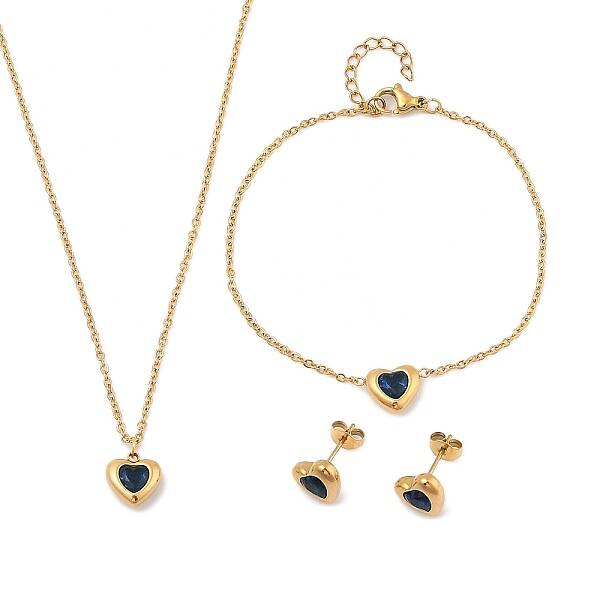 Heart 304 Stainless Steel Micro Pave Cubic Zirconia Pendant Necklaces & Bracelets & Stud Earrings Sets for Women