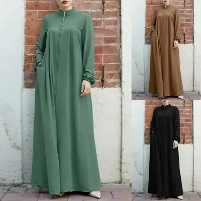 New Muslim Women's Clothing Arabic Style Stand Collar Zipper Up Bagged Elegant Loose Fit Casual Dress H702 #