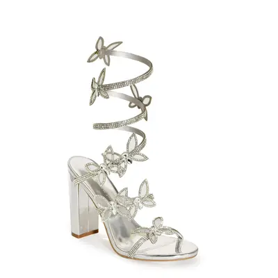 Wild Diva MORRIS-581 Embellished Rhinestone Butterfly Spiral Coil Wrap Around Block Heels Classy Women Footwear High Heels hi...