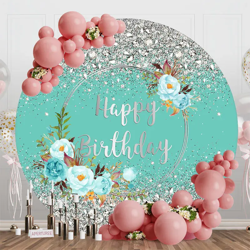 Green Silver Glitter Bokeh Round Birthday Backdrop - Aperturee