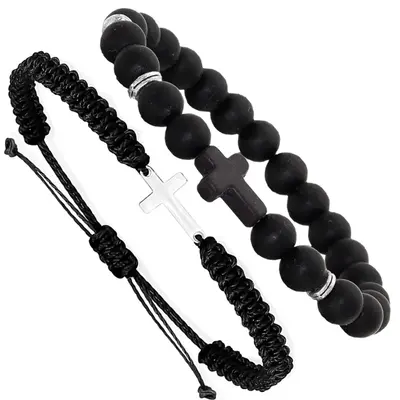 Friendship Cross Bracelet Black String Rope Braided Bracelet Cross Charm Adjustable Handmade Matching Couple Bracelets for Br...