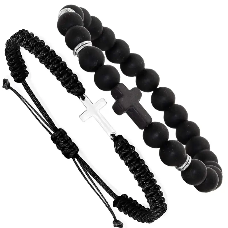Friendship Cross Bracelet Black String Rope Braided Bracelet Cross Charm Adjustable Handmade Matching Couple Bracelets for Br...