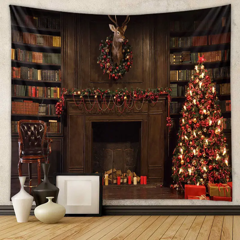 Aperturee Vintage Bookshelf Deer Wreath Christmas Backdrop