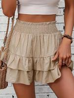 Women's Frill Trim Ruffle Hem Shirred High Waist Shorts, Fitted Boho Relaxed Fit Casual Tiered Layer Shorts for Spring & Summ...