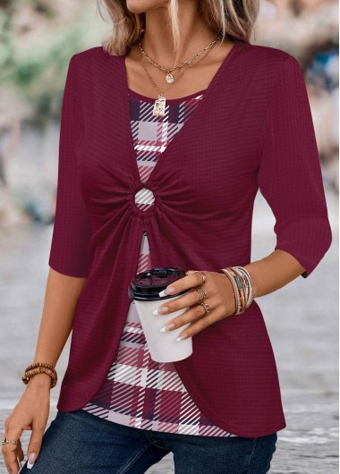 Modlily Wine Red Circular Ring Plaid T Shirt - L