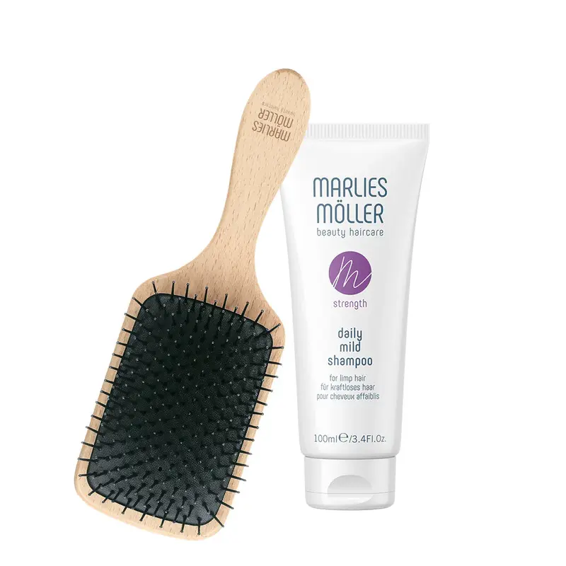 Marlies Moller Set: Marine Moisture Scalp Brush + Gentle Silicone-Free Daily Shampoo for Hair, Deep Cleansing 100ml