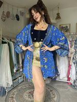 Vintage Celestial Silk Short Kimono with Pocket - Lightweight Boho Cardigan Silhouette - Handmade Short Bathrobe - Fabric, Co...