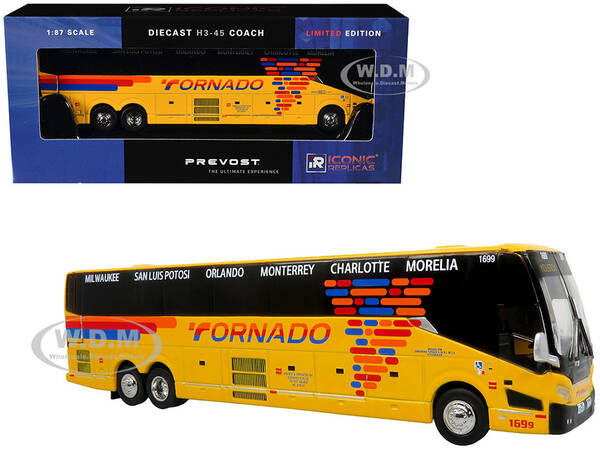 Prevost H3-45 Coach Bus Tornado Bus Company Yellow with Graphics Limited Edition 1/87 (HO) Diecast Model by Iconic Replicas