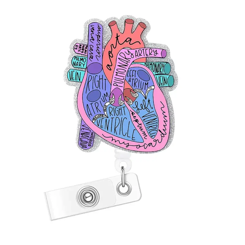Heart Shaped Retractable Badge Reel, 1 Count Acrylic Glitter Badge Holder, Name Badge Holder for Nurse Doctor Student Worker...