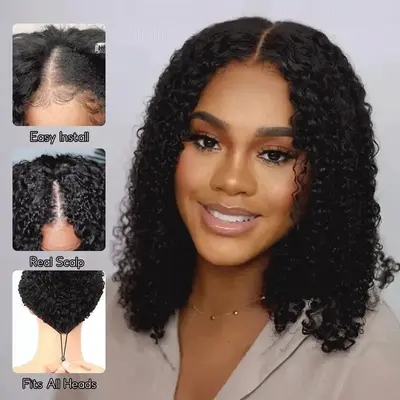 Glueless deep Wave curly Bob V Part Wig Beginner Friendly Natural Scalp Thick Human Hair Ashimaryhair