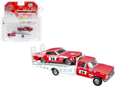 Ford F-350 Ramp Truck 38 Red and White with 1969 Ford Mustang Trans Am 38 Red \