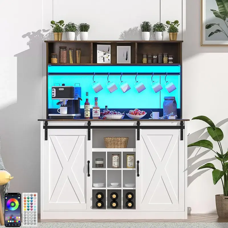 Farmhouse Coffee Bar Cabinet with 6.5-foot Outlets, Adjustable LED Lights, 58'' Wood Kitchen Wine Bar Sideboard for Dining Ro...