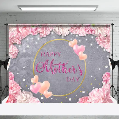 Pink Floral Grey Lights Heart Mothers Day Backdrop - Aperturee